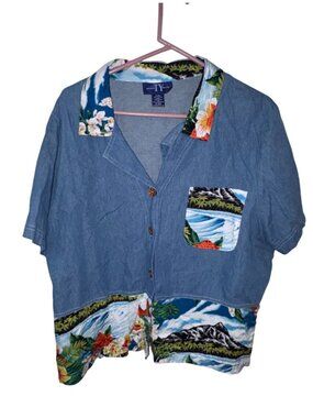 Original TY Wear Womens Hawaiian Denim Shirt 22W Floral Print Short Sleeve Butto
